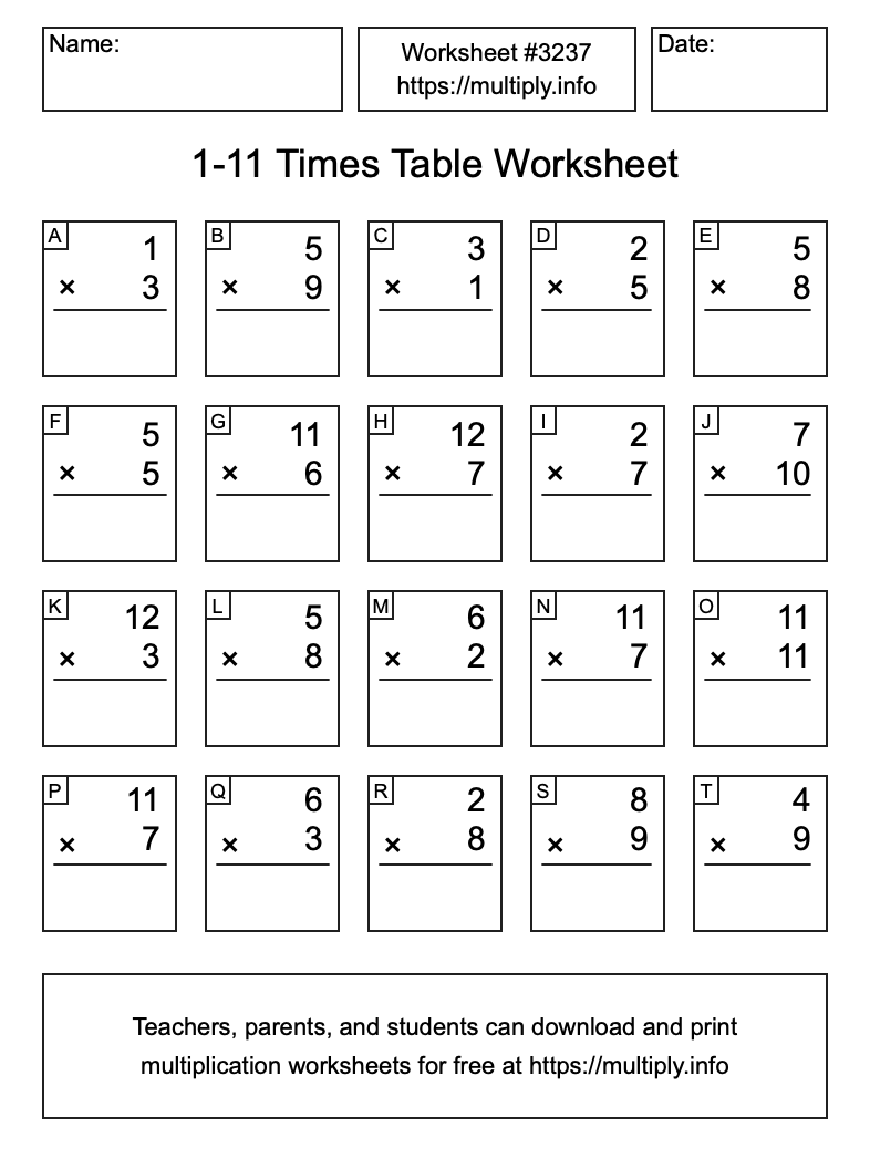 1 to 11 Times Table Worksheet #3237