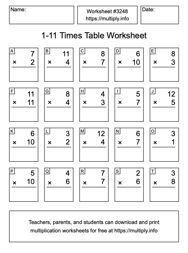 1 to 11 Times Table Worksheet #3248
