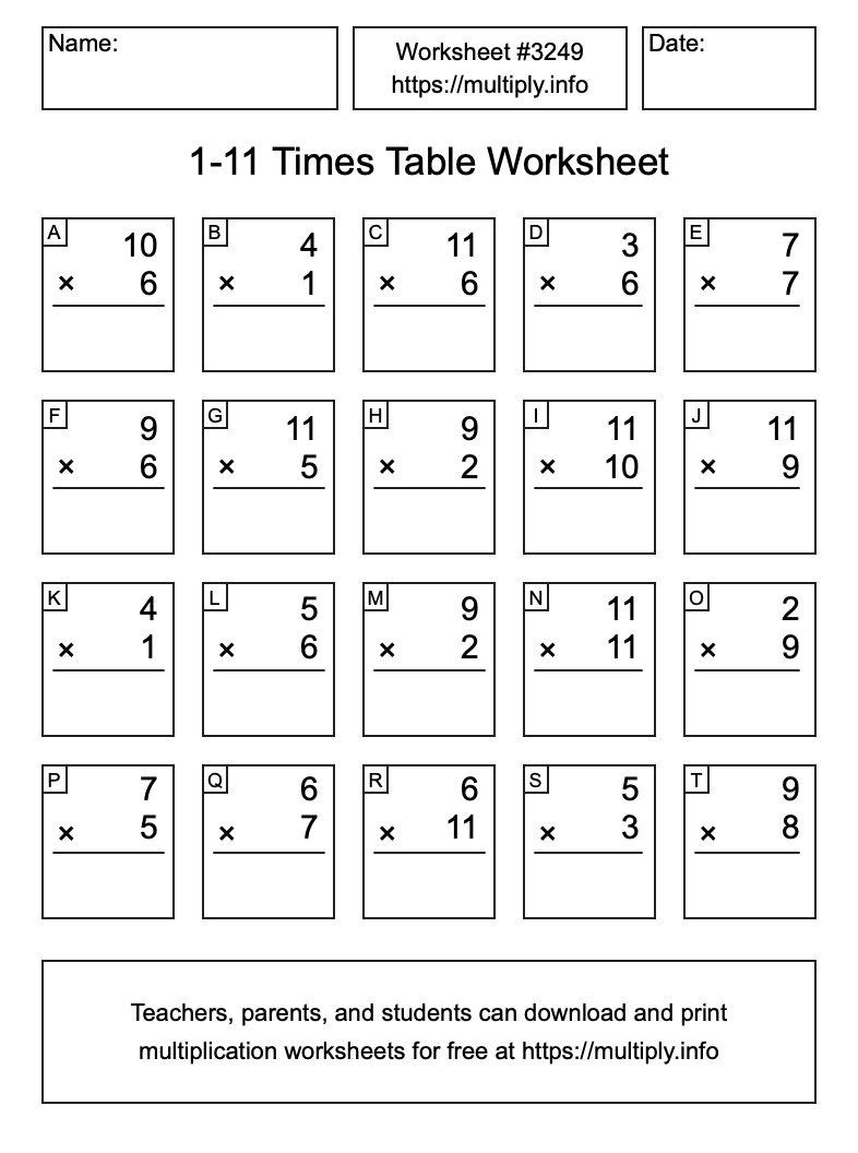 1 to 11 Times Table Worksheet #3249