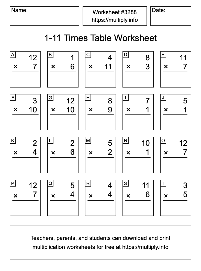 1 to 11 Times Table Worksheet #3288
