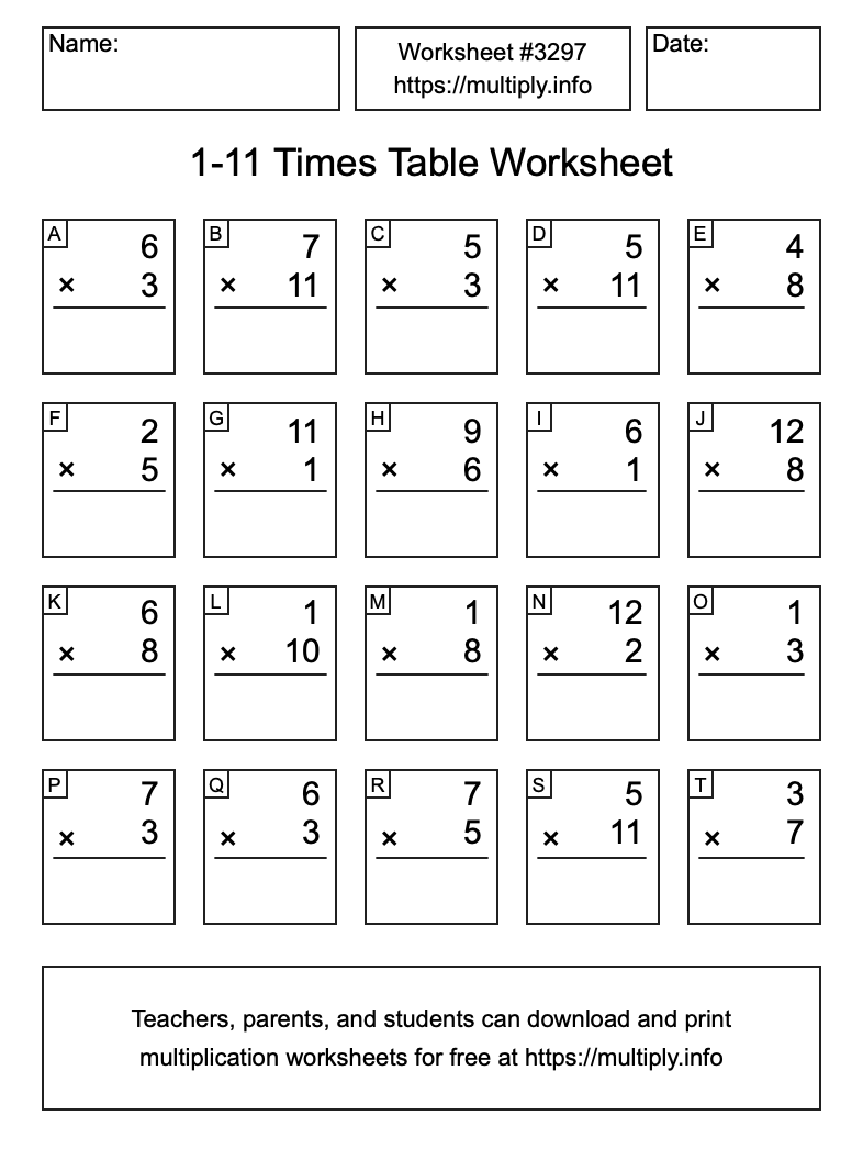 1 to 11 Times Table Worksheet #3297