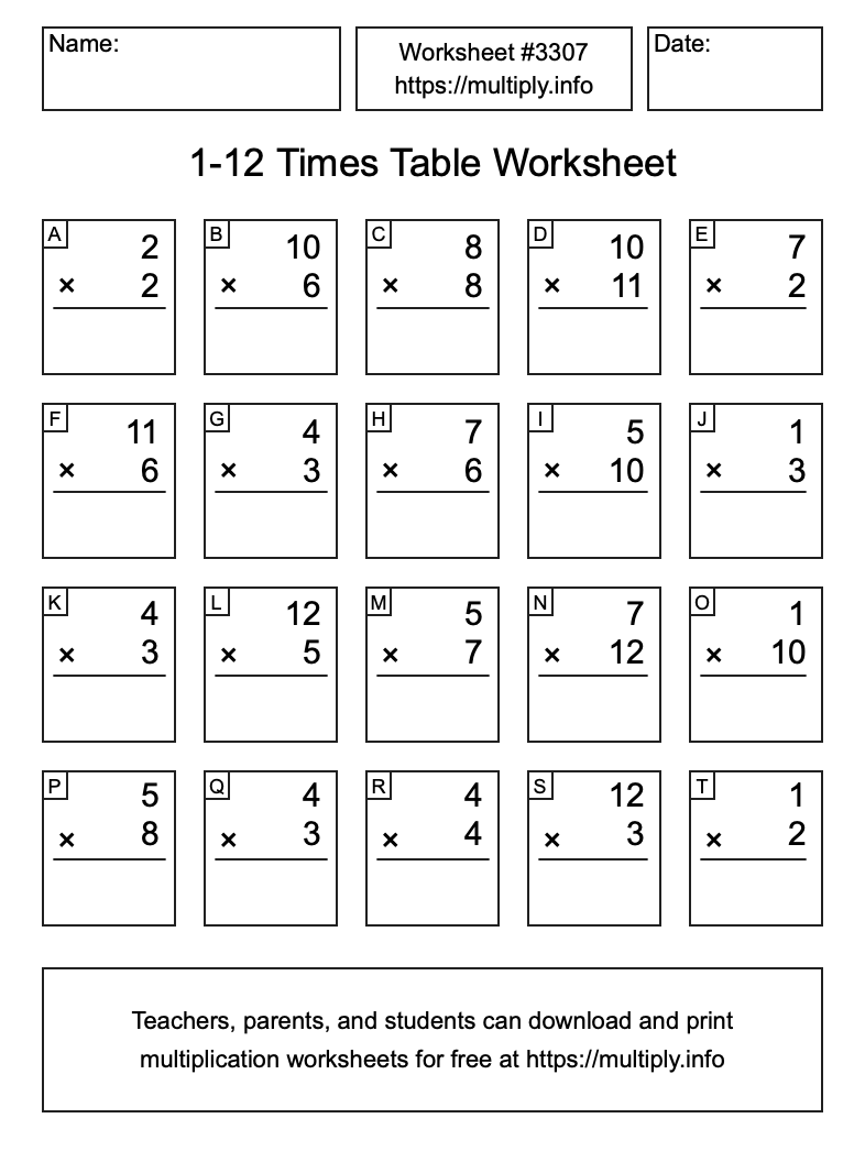 1 to 12 Times Table Worksheet #3307