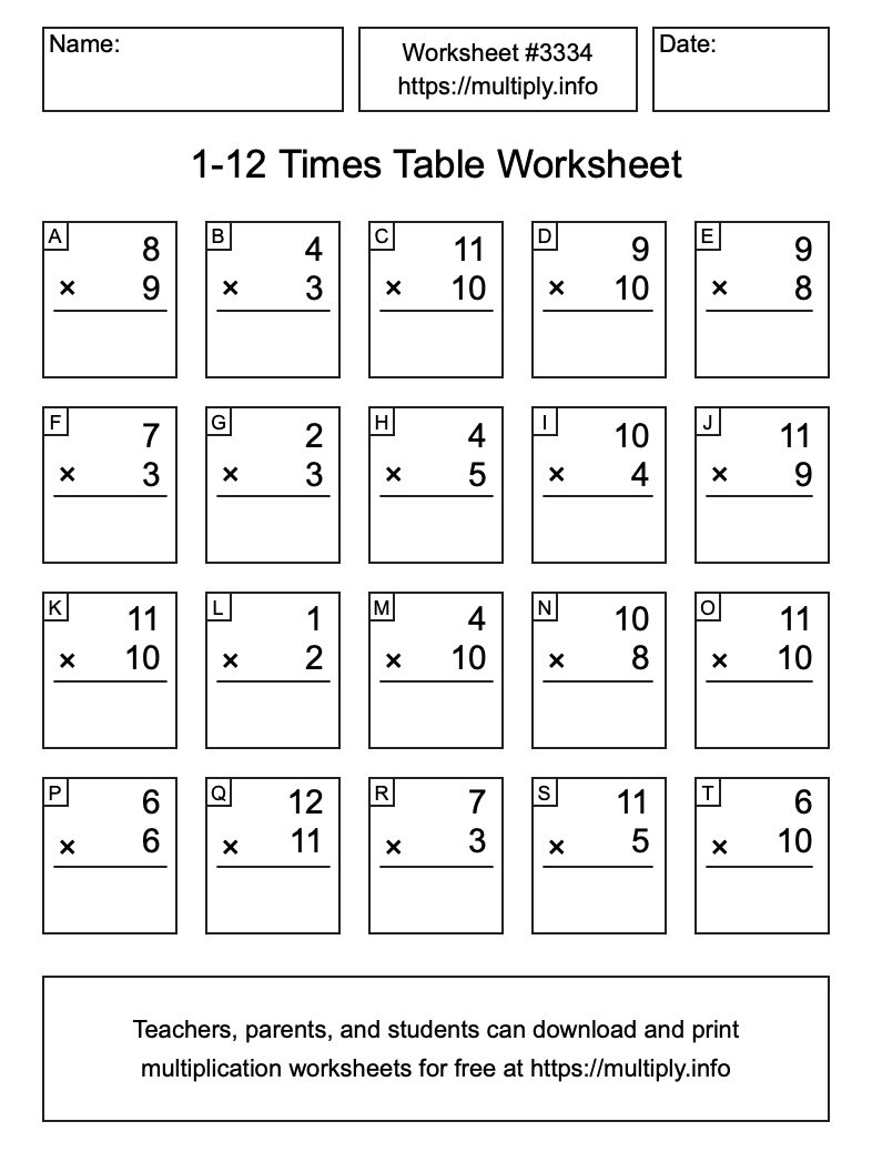 1 to 12 Times Table Worksheet #3334