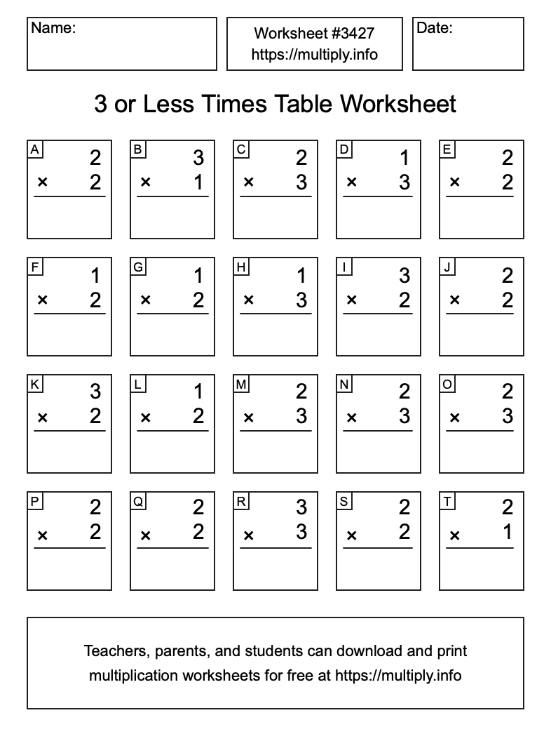 3 or less Times Table Worksheet #3427