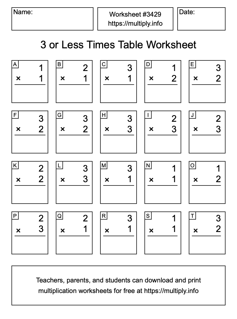 3 or less Times Table Worksheet #3429