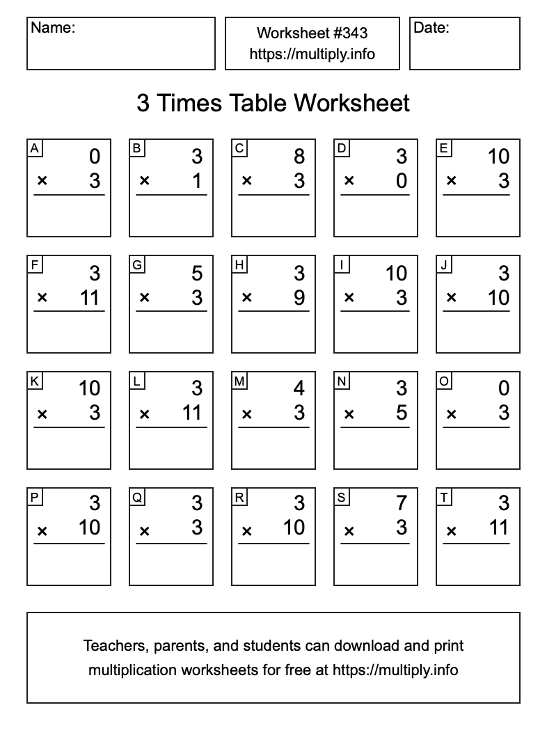 3 Times Table Worksheet #343
