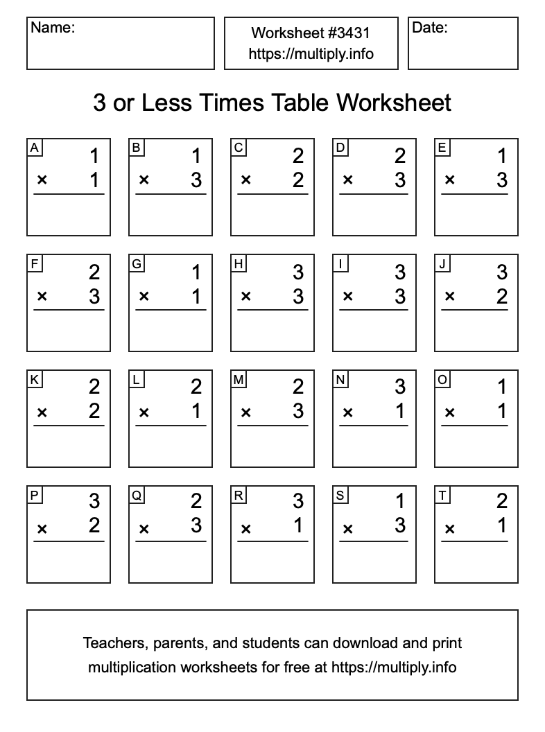 3 or less Times Table Worksheet #3431