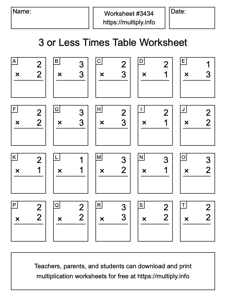 3 or less Times Table Worksheet #3434