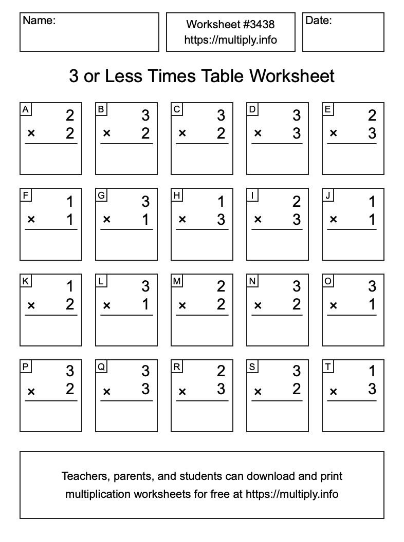 3 or less Times Table Worksheet #3438