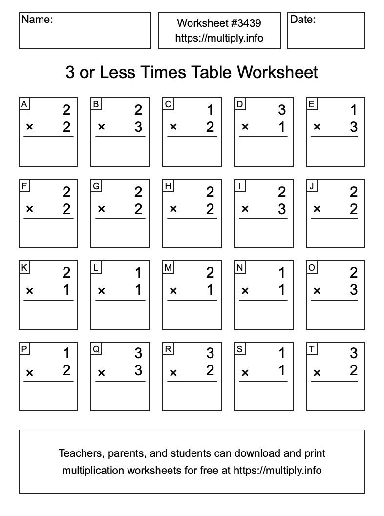 3 or less Times Table Worksheet #3439