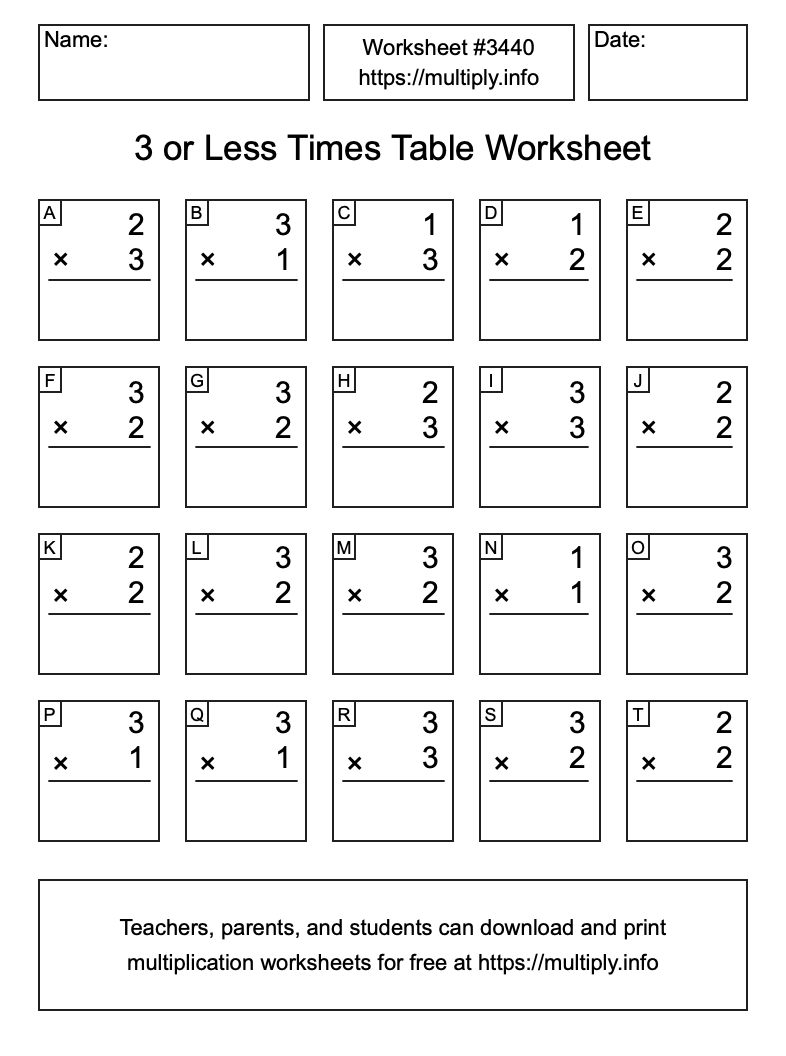 3 or less Times Table Worksheet #3440