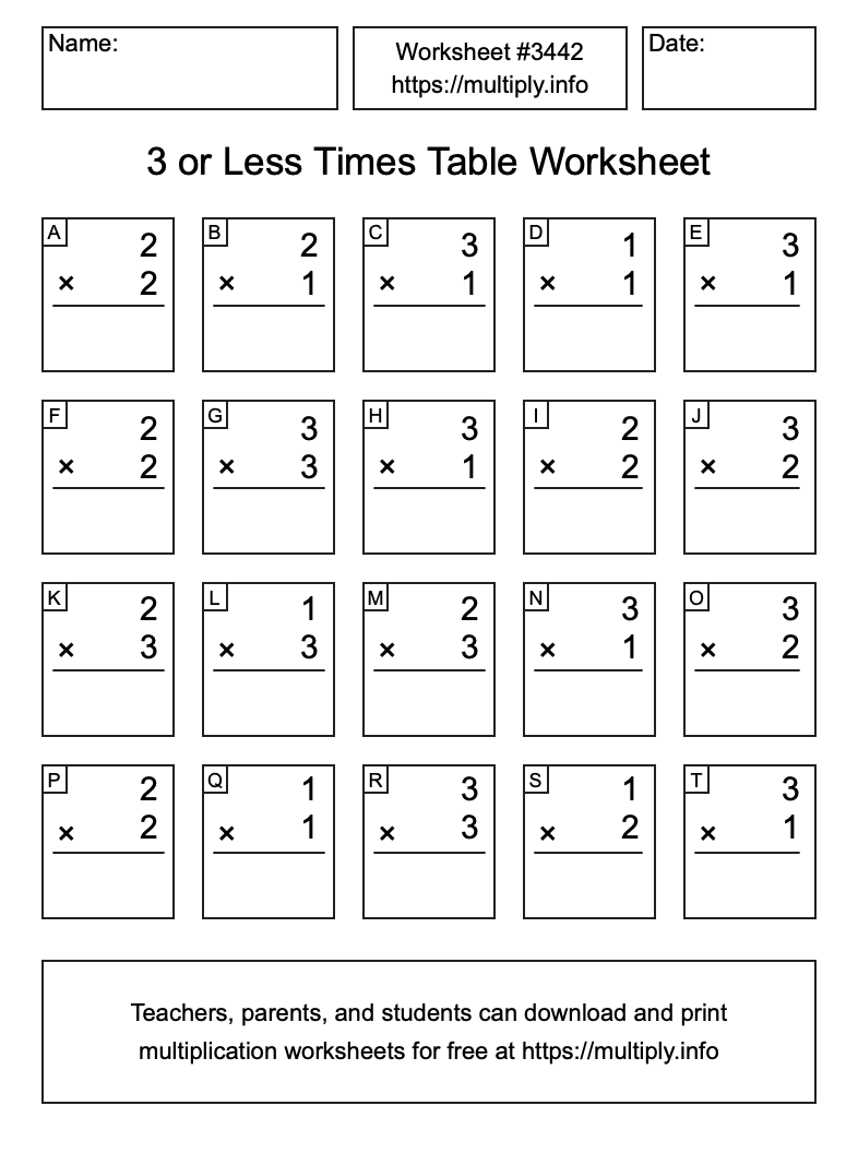 3 or less Times Table Worksheet #3442