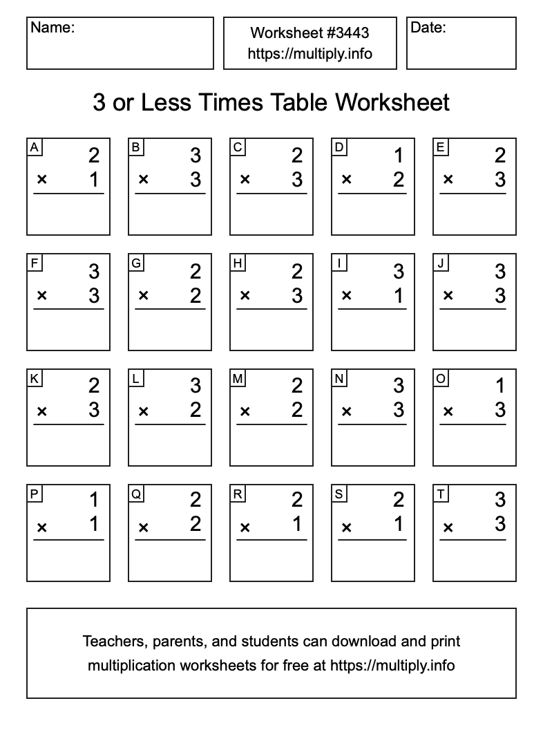 3 or less Times Table Worksheet #3443