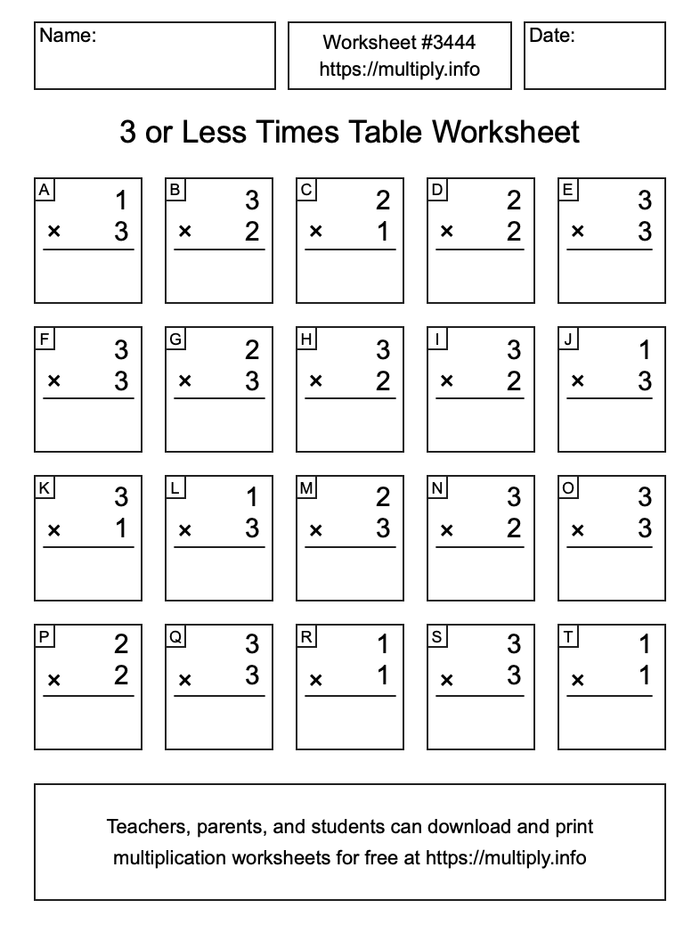 3 or less Times Table Worksheet #3444