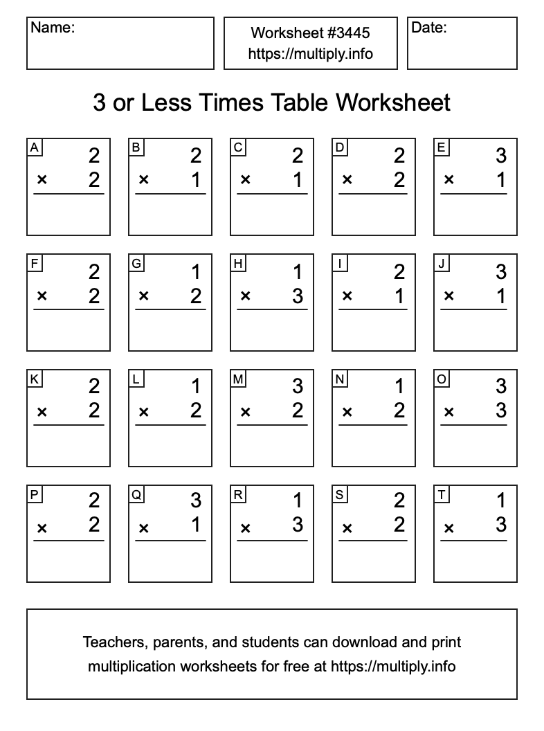 3 or less Times Table Worksheet #3445