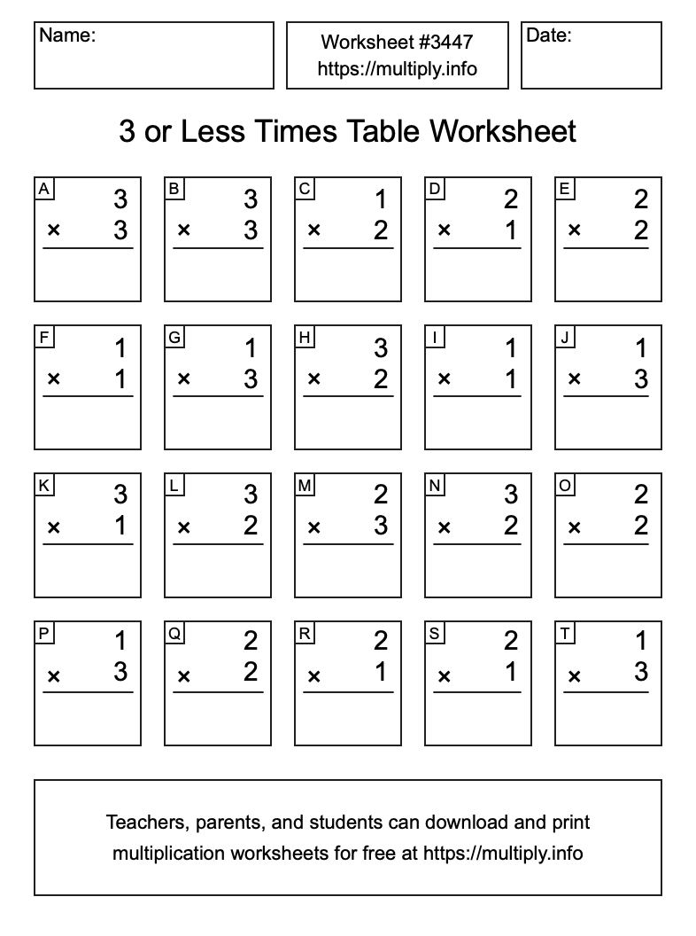 3 or less Times Table Worksheet #3447