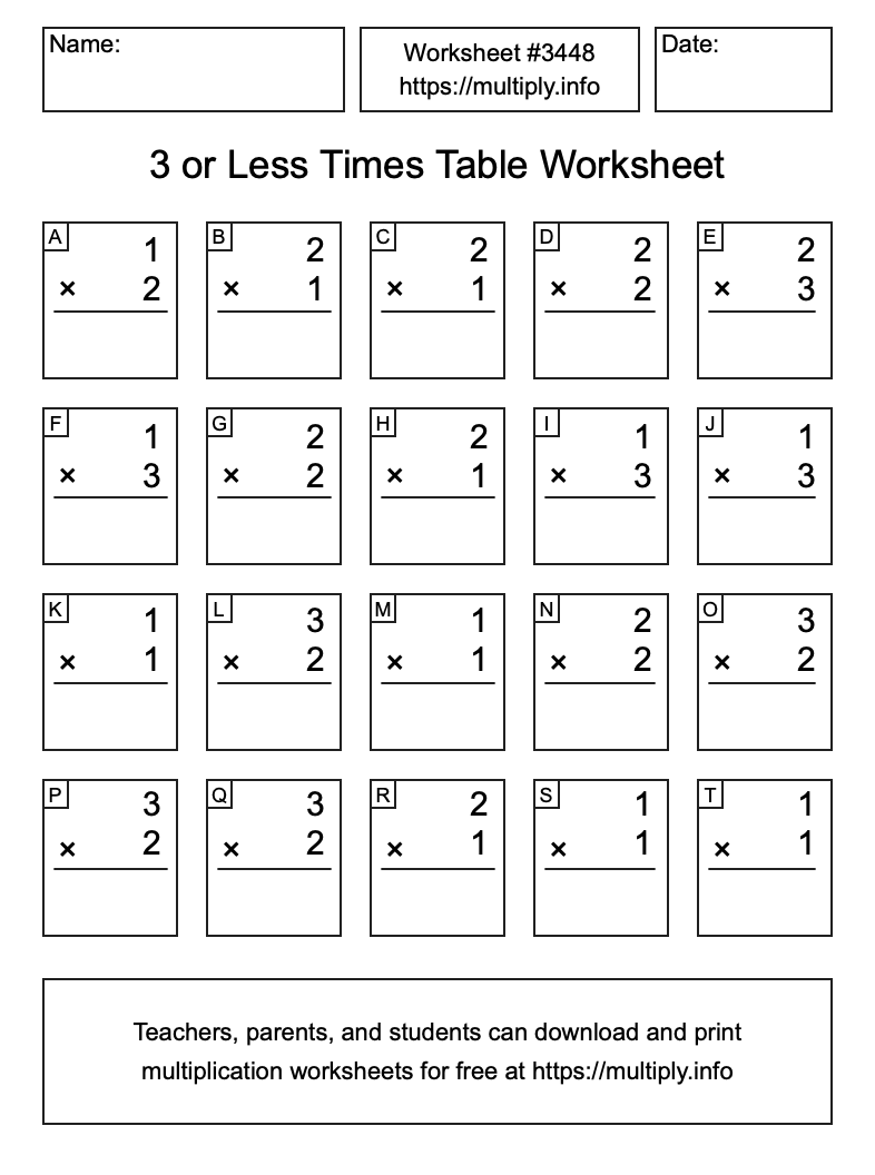 3 or less Times Table Worksheet #3448