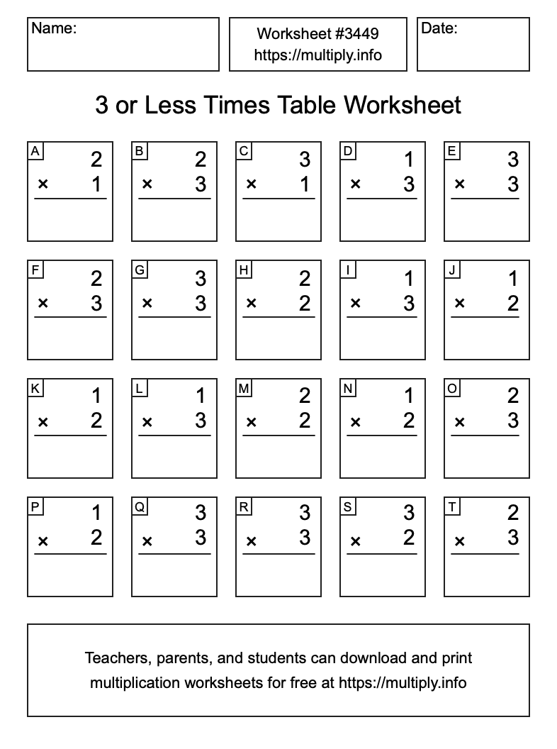 3 or less Times Table Worksheet #3449