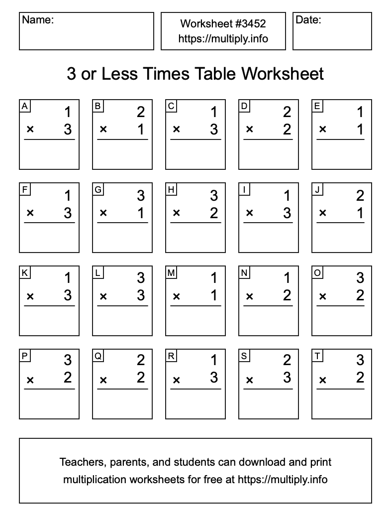 3 or less Times Table Worksheet #3452