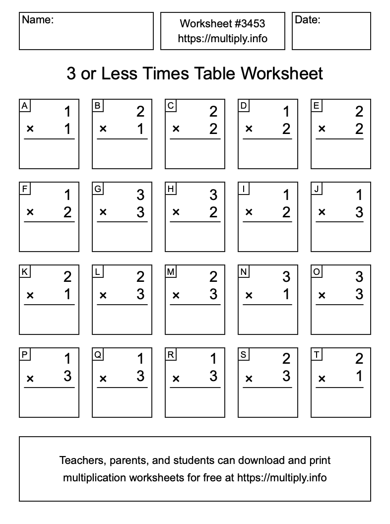 3 or less Times Table Worksheet #3453