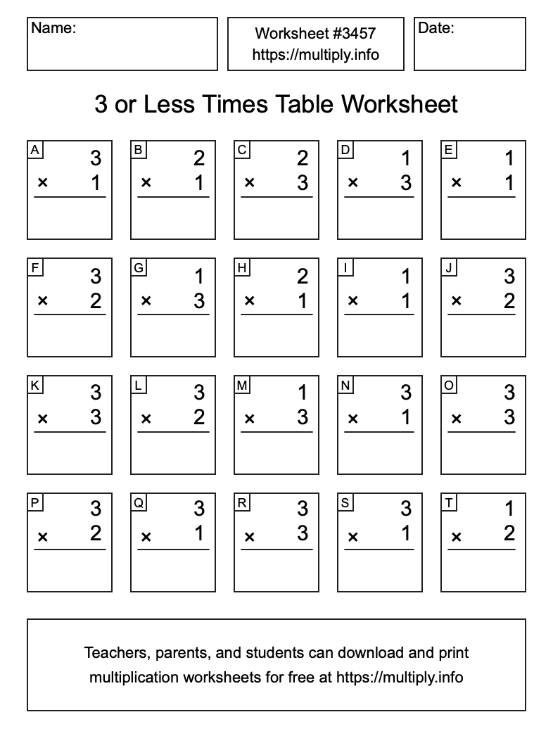 3 or less Times Table Worksheet #3457