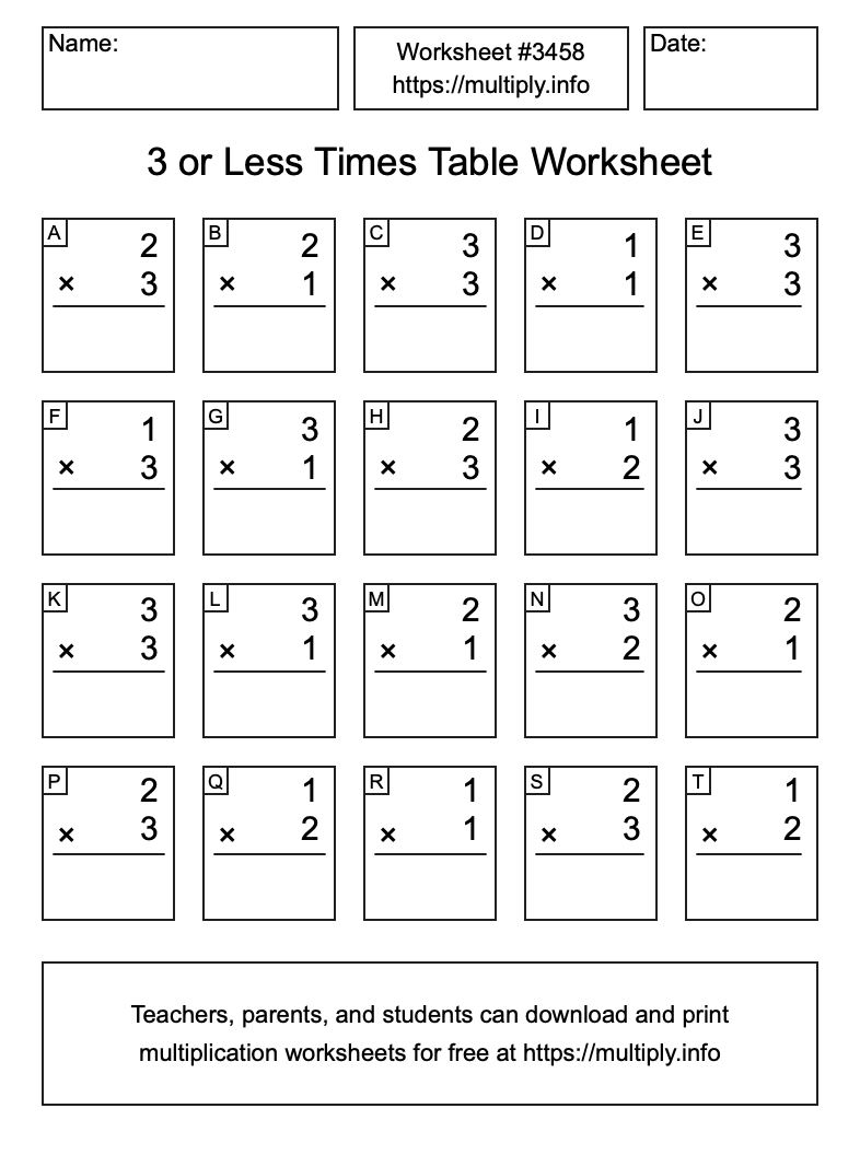 3 or less Times Table Worksheet #3458