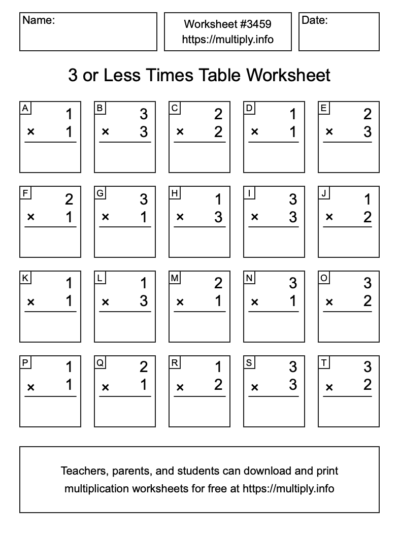 3 or less Times Table Worksheet #3459