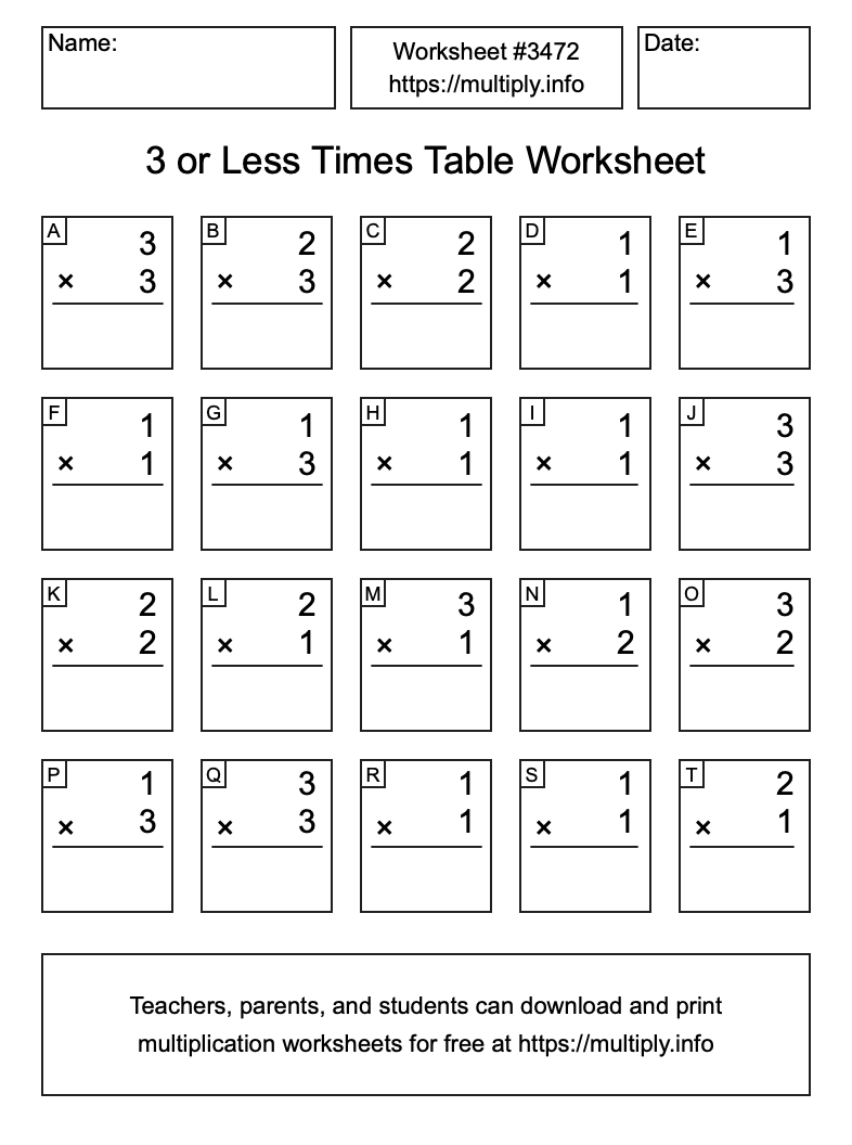 3 or less Times Table Worksheet #3472