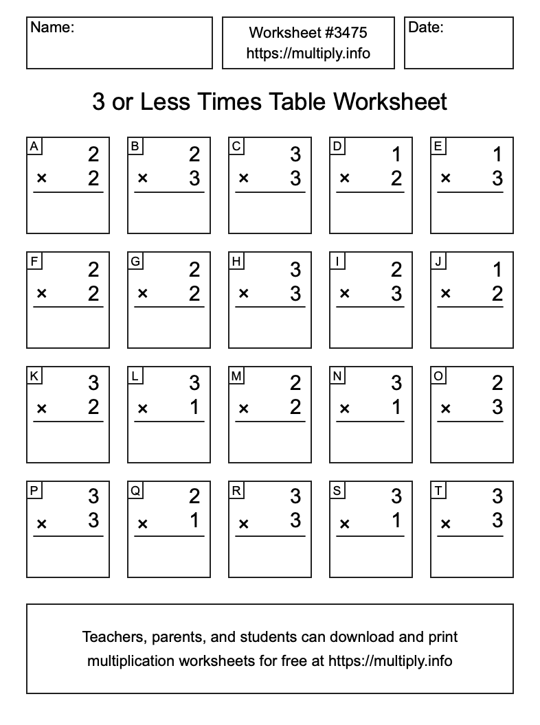 3 or less Times Table Worksheet #3475