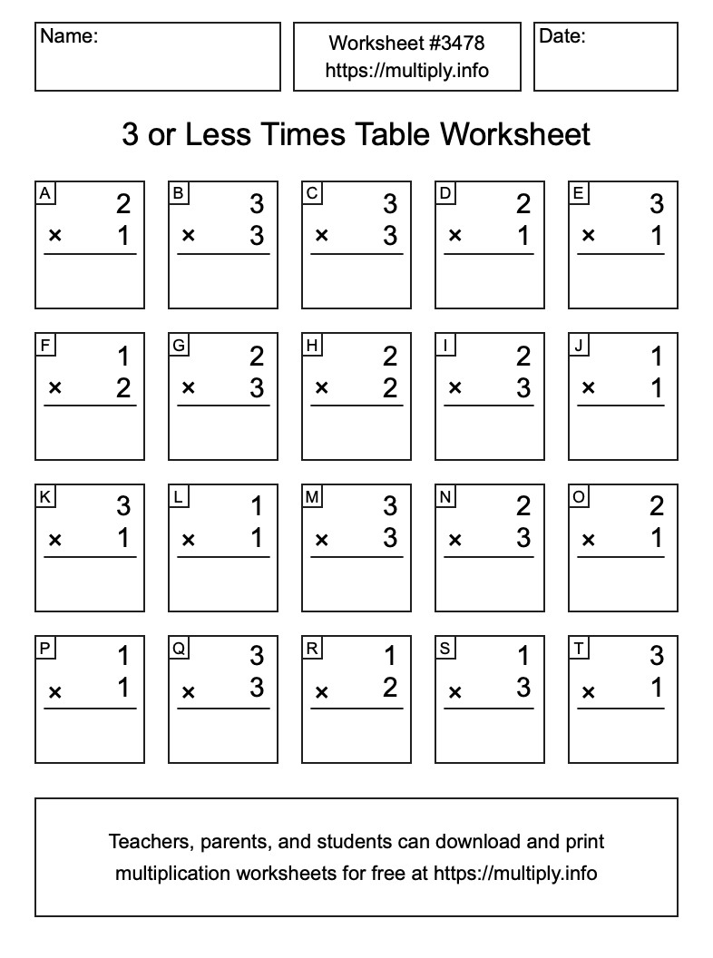 3 or less Times Table Worksheet #3478