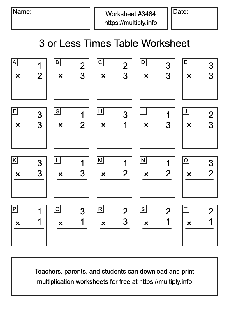 3 or less Times Table Worksheet #3484
