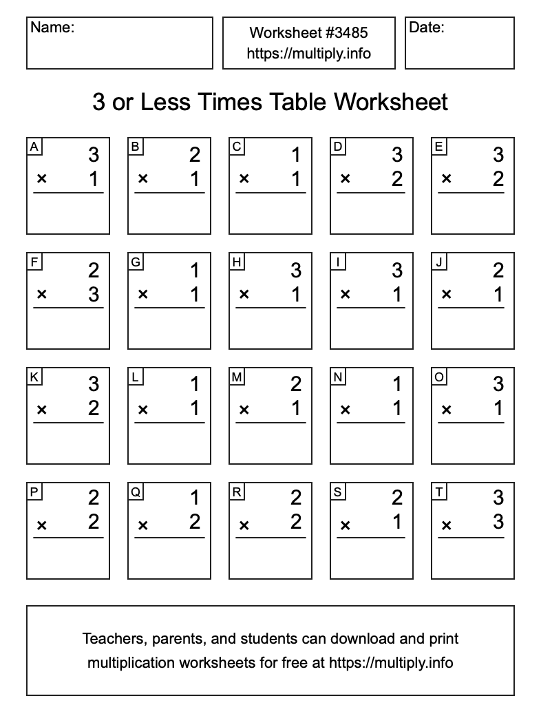 3 or less Times Table Worksheet #3485