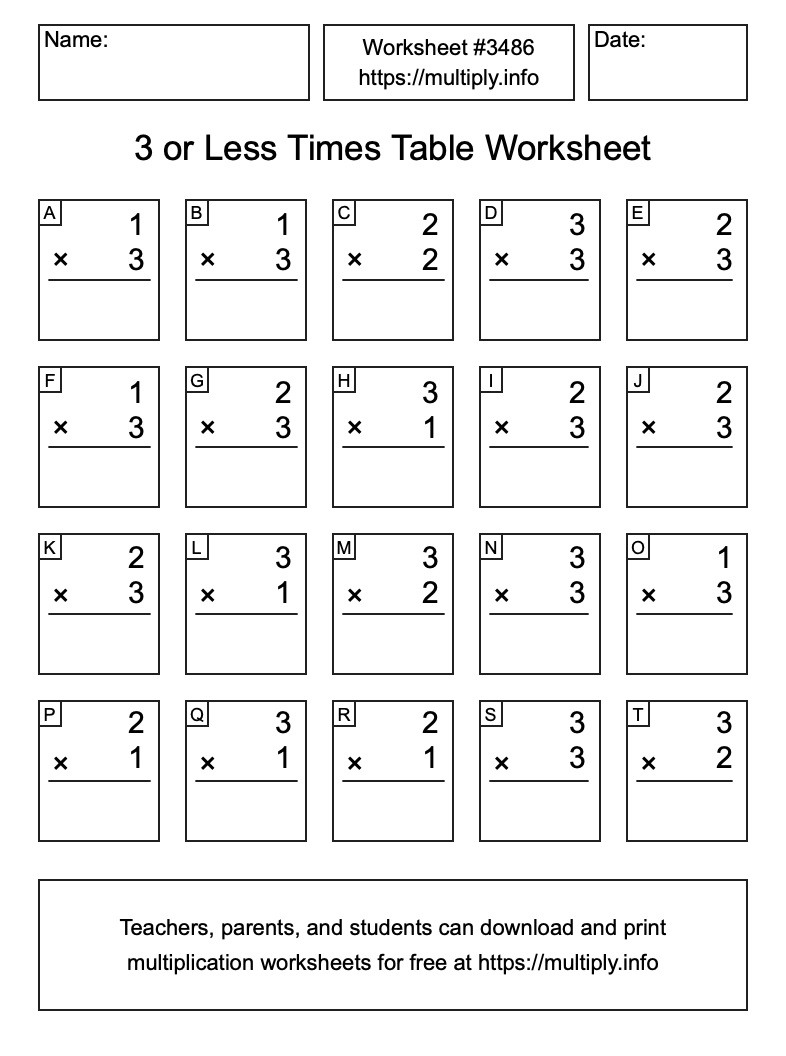 3 or less Times Table Worksheet #3486