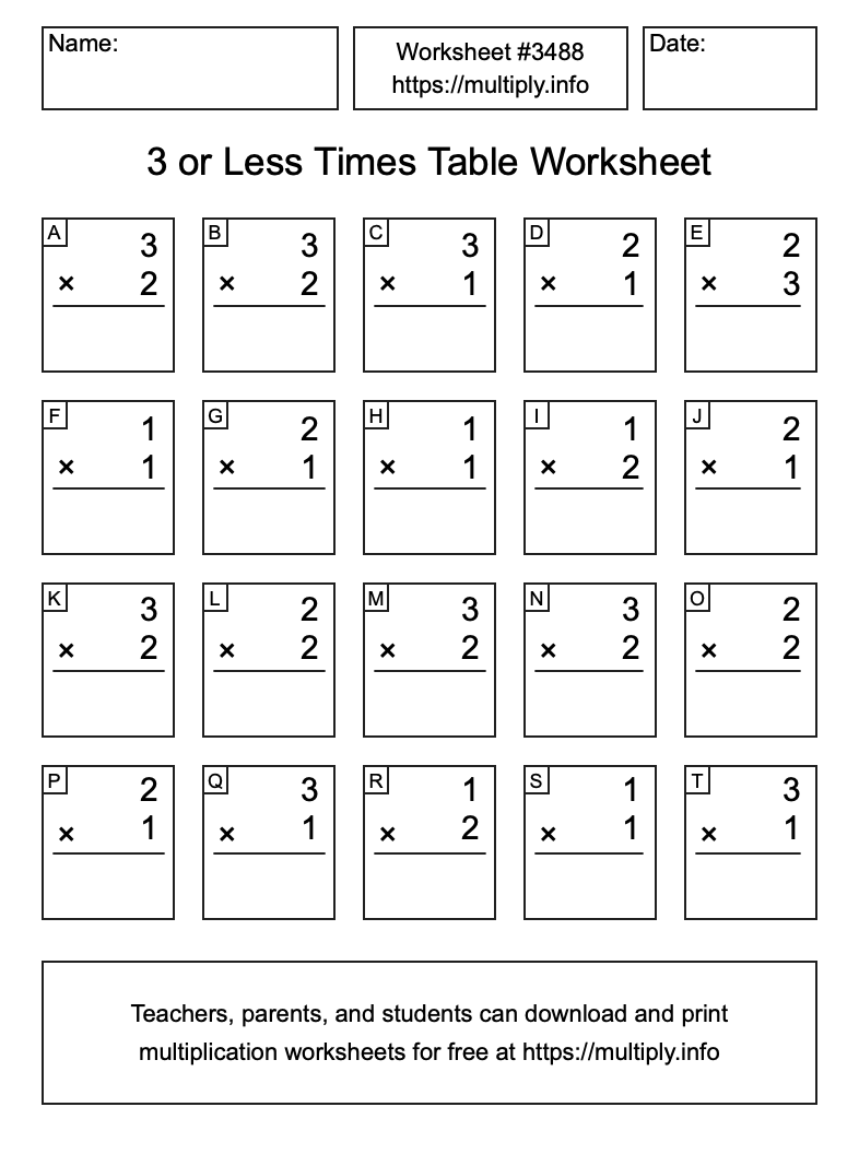 3 or less Times Table Worksheet #3488