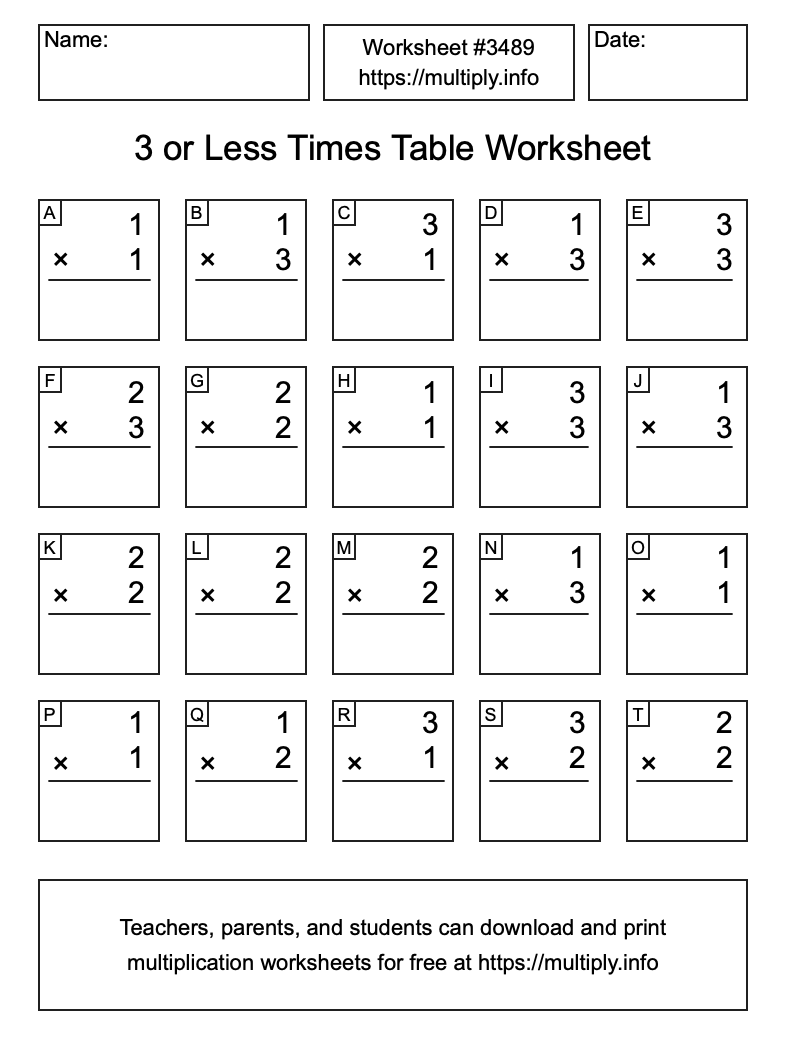 3 or less Times Table Worksheet #3489