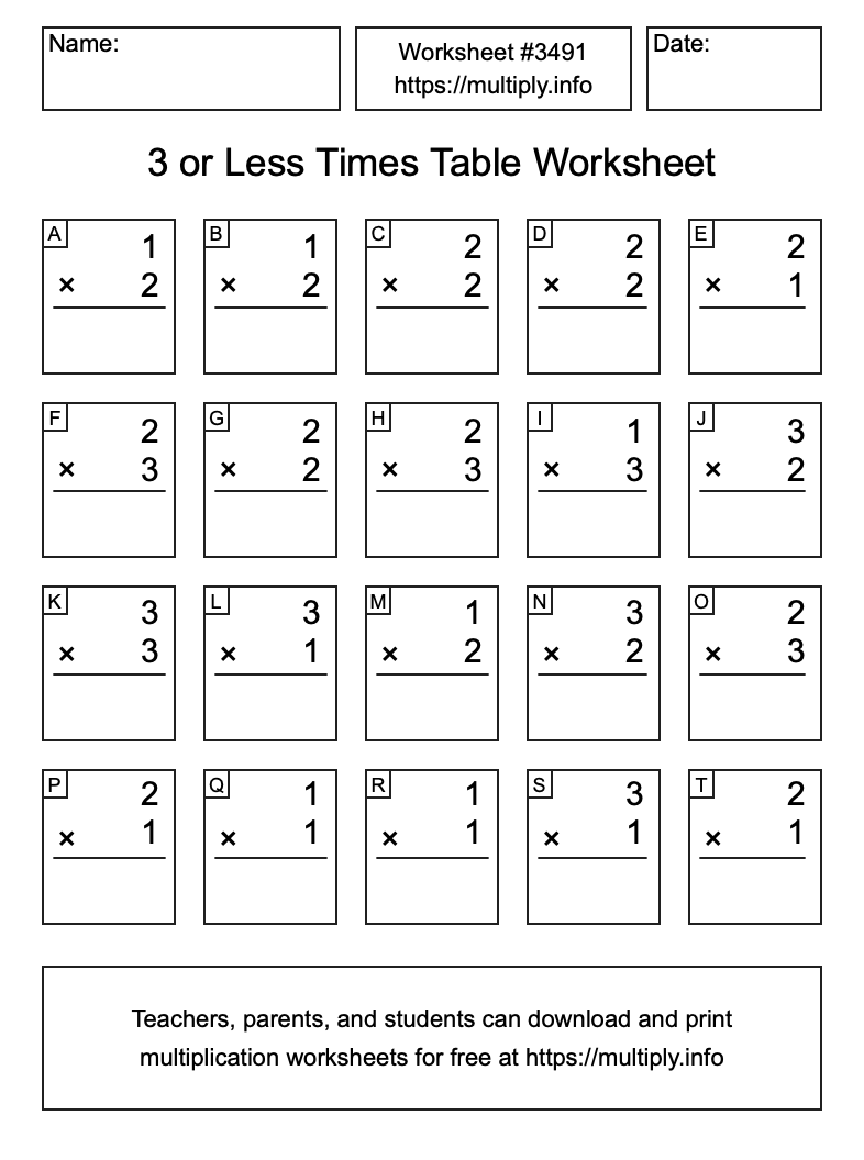 3 or less Times Table Worksheet #3491