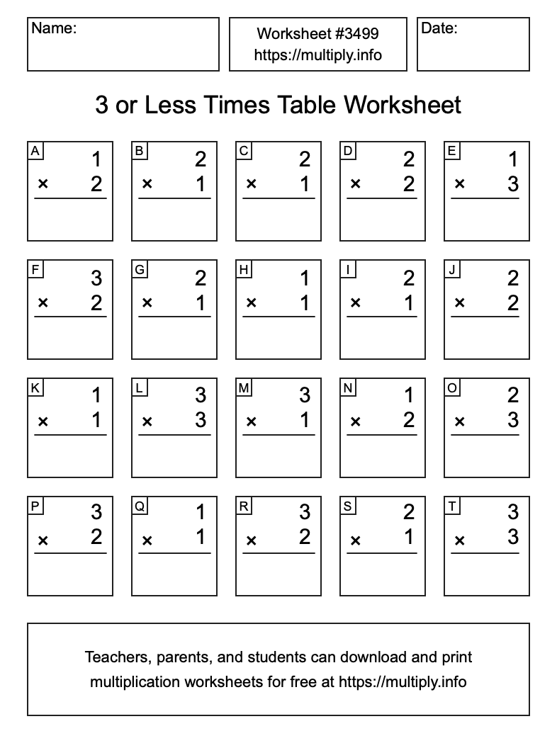 3 or less Times Table Worksheet #3499
