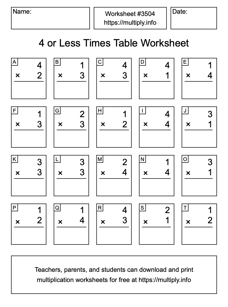 4 or less Times Table Worksheet #3504