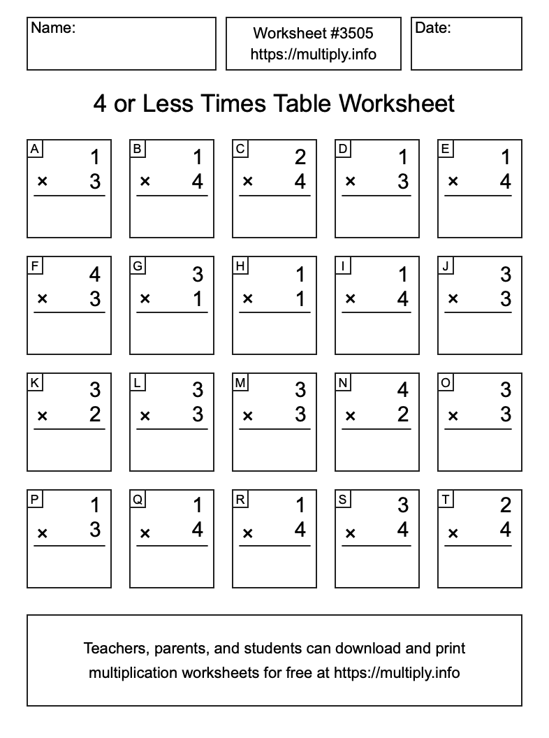 4 or less Times Table Worksheet #3505