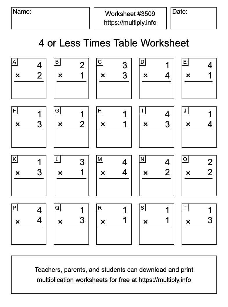 4 or less Times Table Worksheet #3509