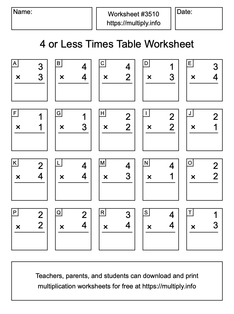 4 or less Times Table Worksheet #3510