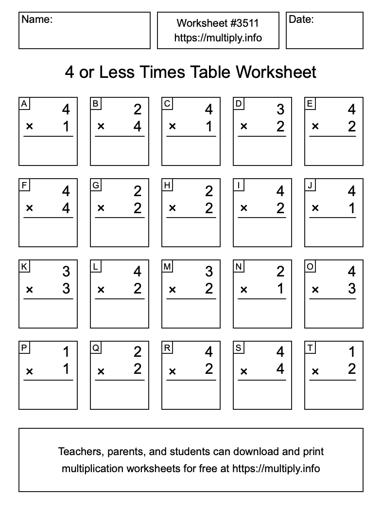 4 or less Times Table Worksheet #3511