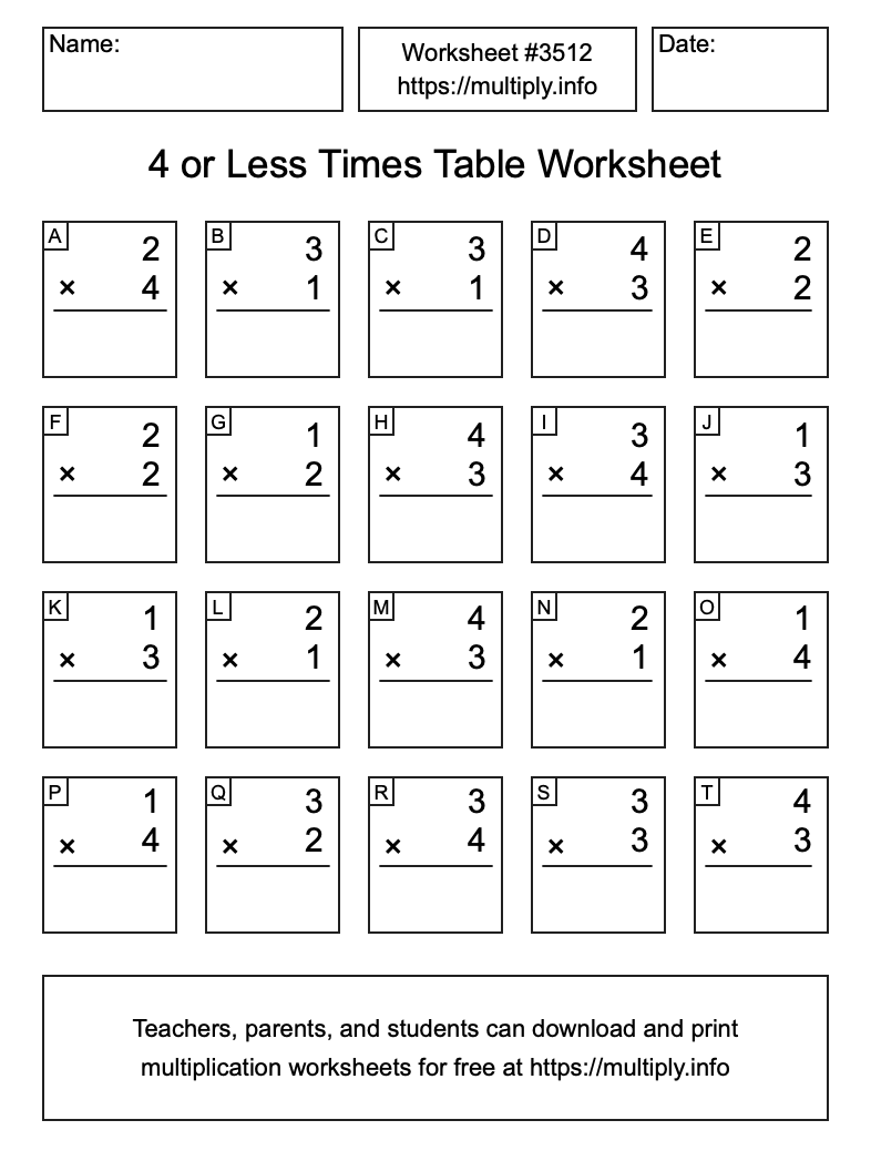 4 or less Times Table Worksheet #3512