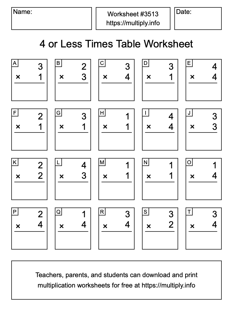 4 or less Times Table Worksheet #3513