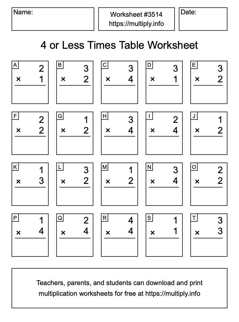 4 or less Times Table Worksheet #3514