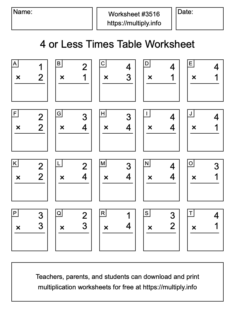 4 or less Times Table Worksheet #3516