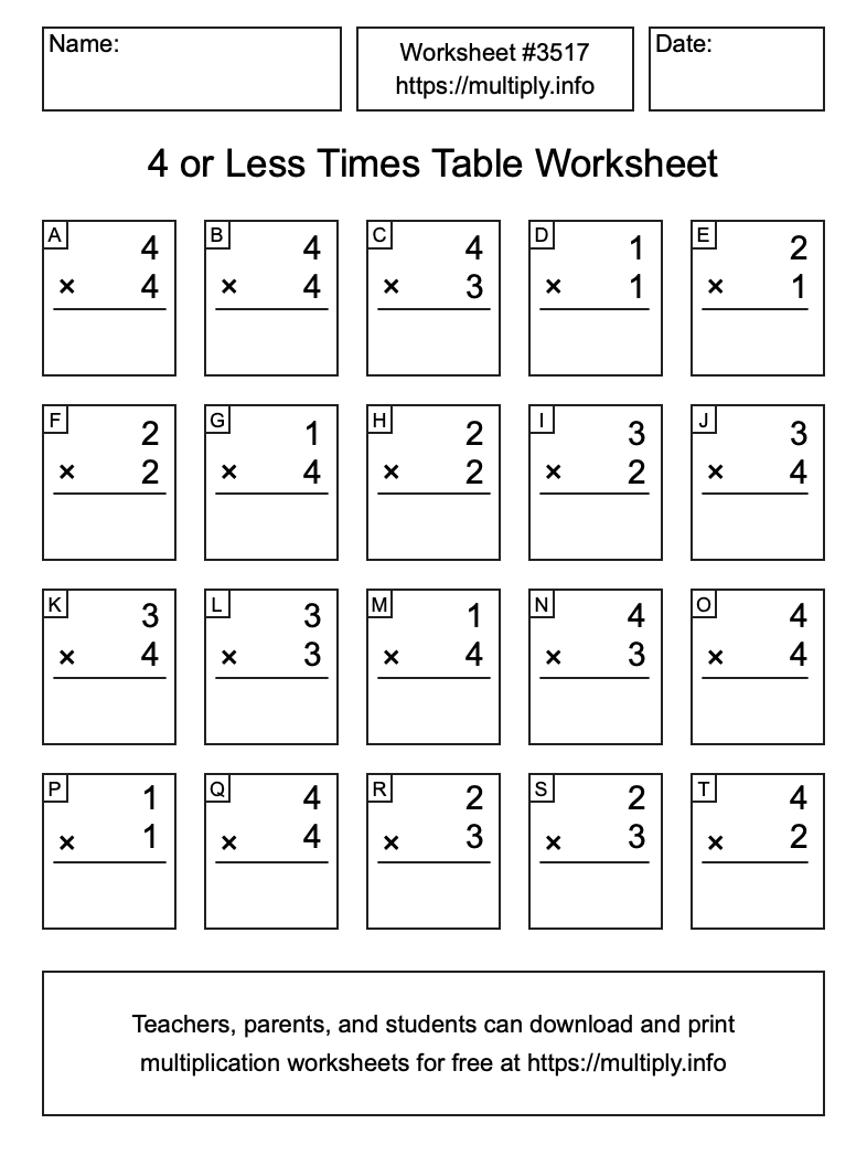4 or less Times Table Worksheet #3517