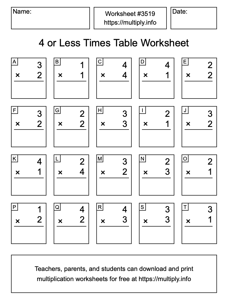 4 or less Times Table Worksheet #3519