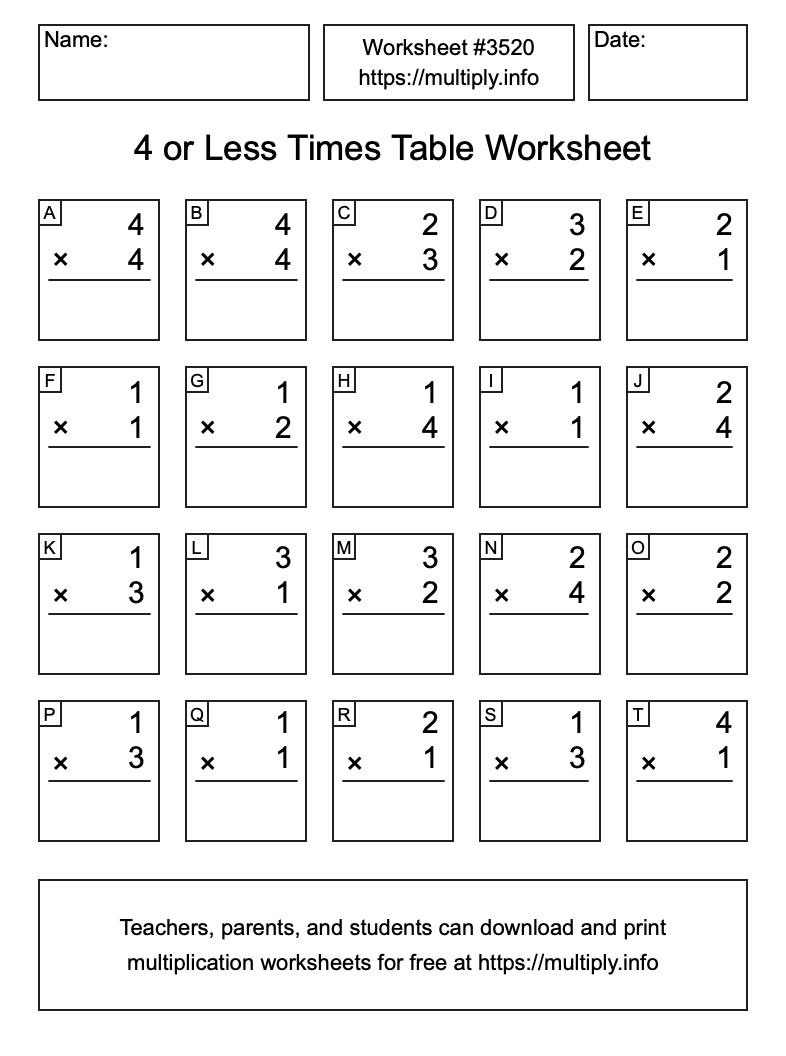 4 or less Times Table Worksheet #3520