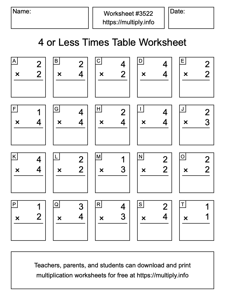 4 or less Times Table Worksheet #3522